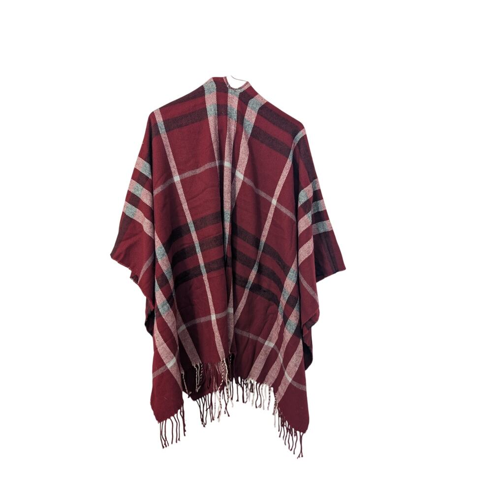 Cozy Red Plaid Poncho – One Size Fits All - Picture 4 of 4